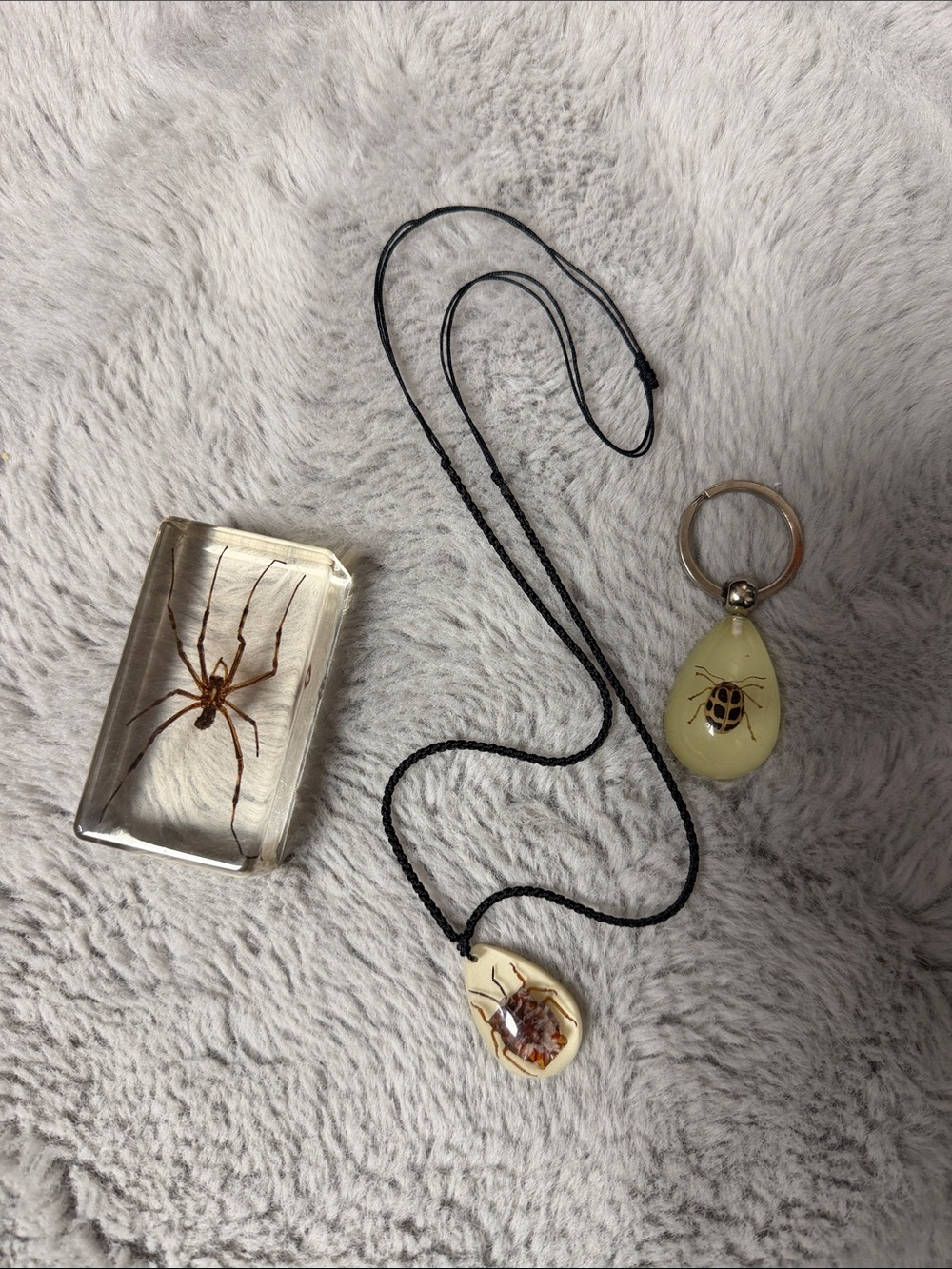 Insect Resin Necklace & Keychain Set - Black Cord, Cream Pendants and 2 blocks
